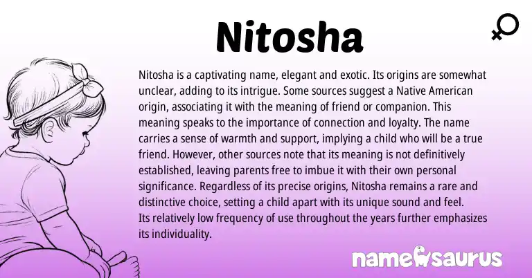 Infographic about Nitosha name meaning, Nitosha is a name from American origin(s).