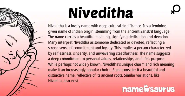 Infographic about Niveditha name meaning, Niveditha is a name from Indian, Sanskrit origin(s).