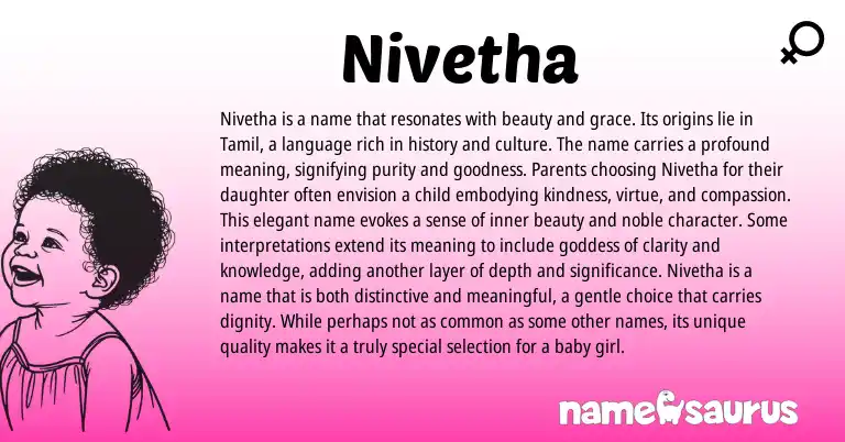 Infographic about Nivetha name meaning, Nivetha is a name from Tamil, Indian origin(s).