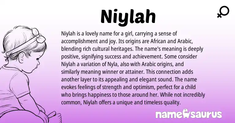 Infographic about Niylah name meaning, Niylah is a name from African, Arabic origin(s).