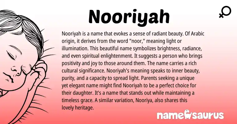 Infographic about Nooriyah name meaning, Nooriyah is a name from Arabic origin(s).