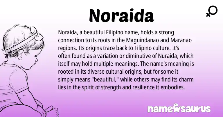 Infographic about Noraida name meaning, Noraida is a name from Filipino, Maguindanao, Maranao, Malay origin(s).