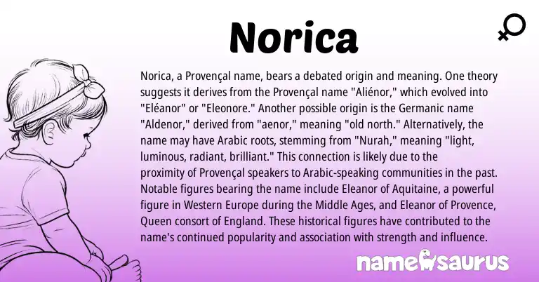 Infographic about Norica name meaning, Norica is a name from Provençal, Germanic, Arabic, England origin(s).