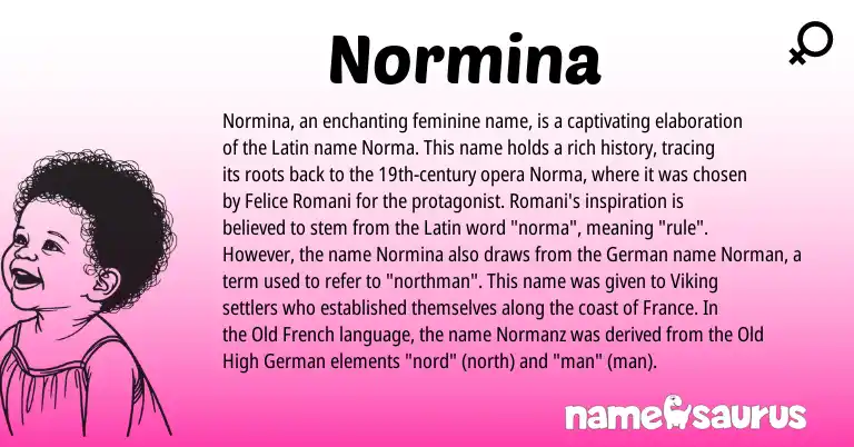Infographic about Normina name meaning, Normina is a name from German, Old High German, Old French, Latin, Romani, Norman origin(s).