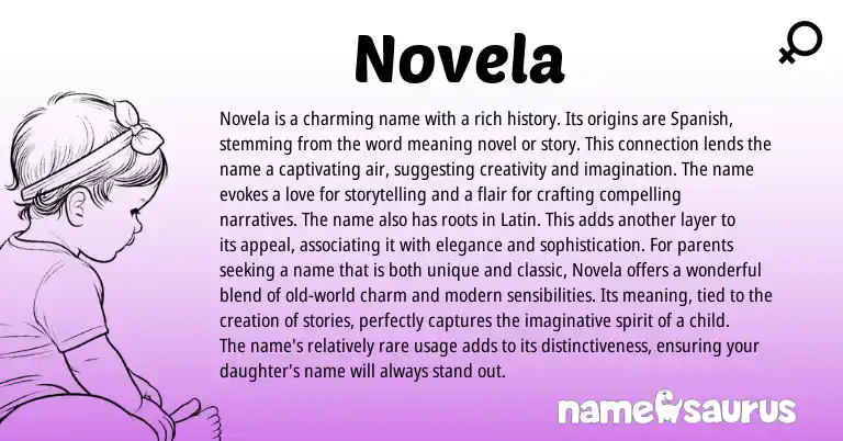 Infographic about Novela name meaning, Novela is a name from English, Spanish origin(s).