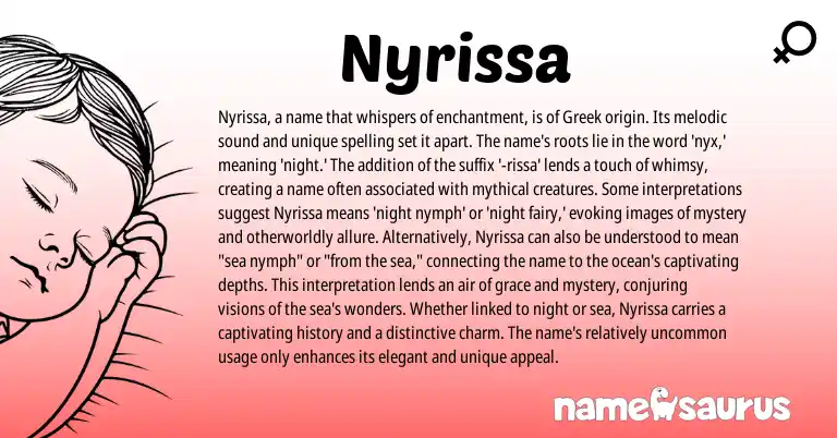 Infographic about Nyrissa name meaning, Nyrissa is a name from Greek, American origin(s).