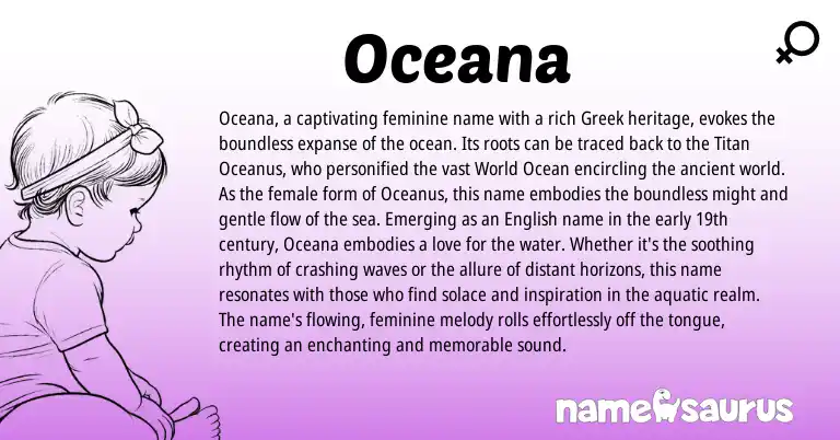 Infographic about Oceana name meaning, Oceana is a name from English, Greek origin(s).