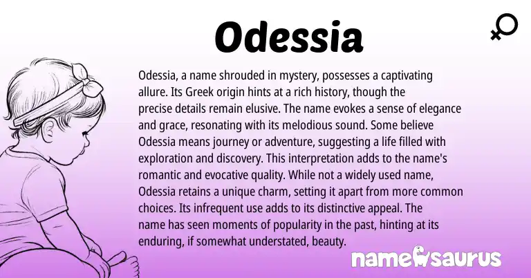 Infographic about Odessia name meaning, Odessia is a name from Greek origin(s).