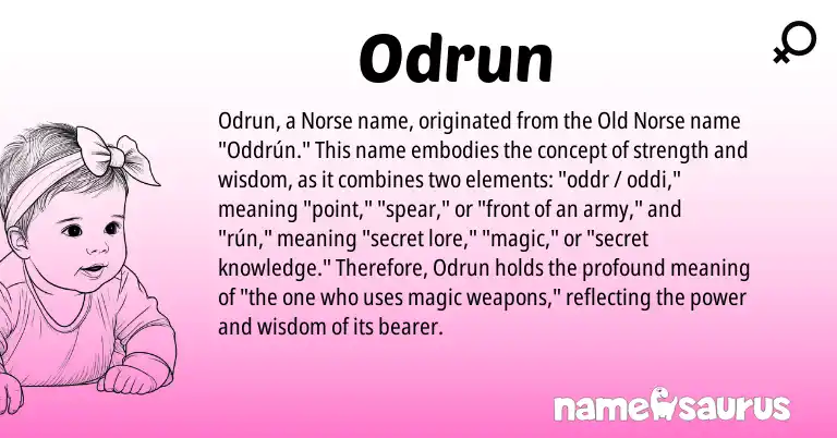 Infographic about Odrun name meaning, Odrun is a name from Old Norse, Norse origin(s).