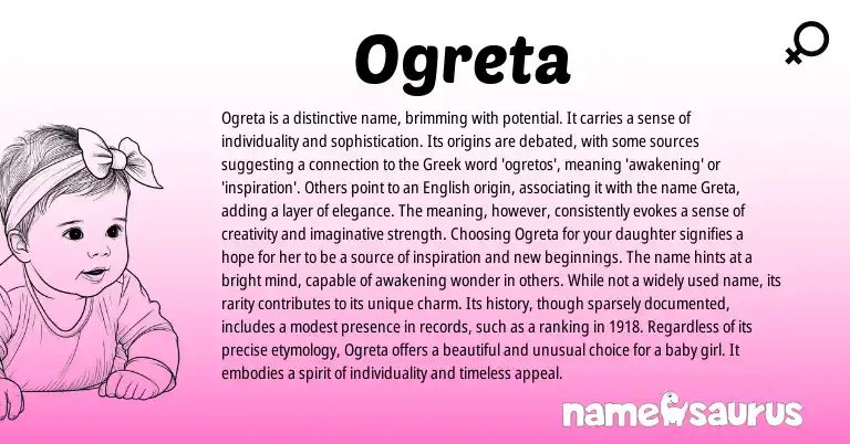 Infographic about Ogreta name meaning, Ogreta is a name from Germanic, Greek origin(s).