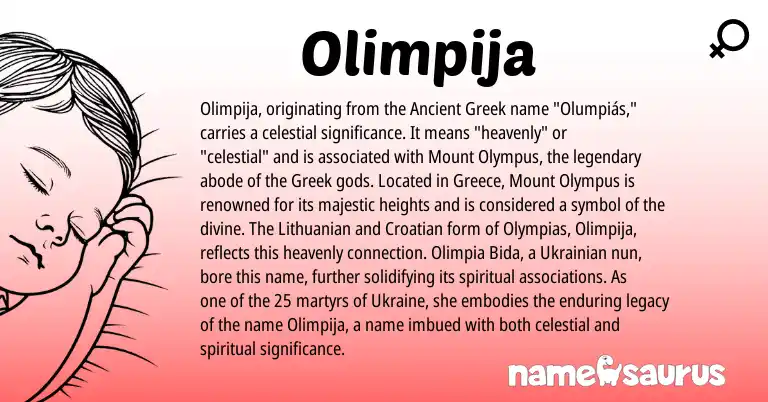 Infographic about Olimpija name meaning, Olimpija is a name from Ukrainian, Ancient Greek, Ukraine, Lithuanian, Croatian, Greece, Greek origin(s).