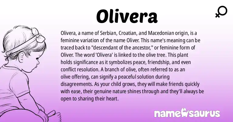 Infographic about Olivera name meaning, Olivera is a name from Serbian, Croatian, Macedonian, English origin(s).