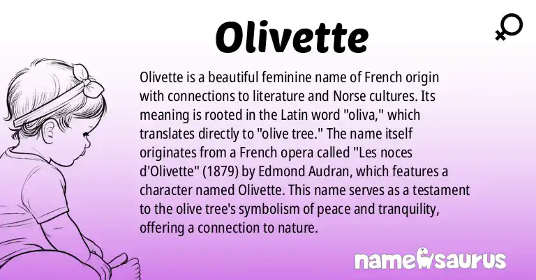 Infographic about Olivette name meaning, Olivette is a name from French, Literature, Old Norse, Latin origin(s).
