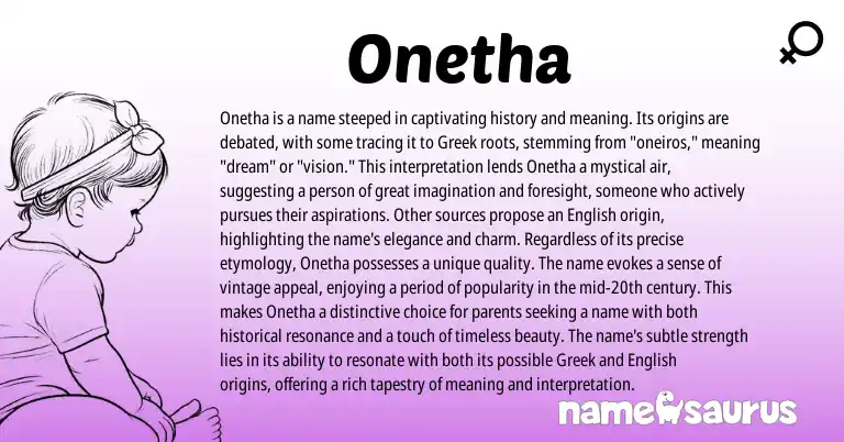 Infographic about Onetha name meaning, Onetha is a name from Greek origin(s).