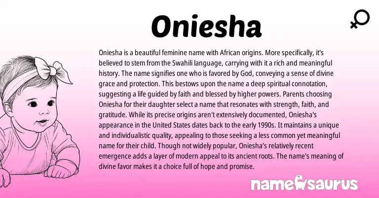 Infographic about Oniesha name meaning, Oniesha is a name from African, Swahili origin(s).