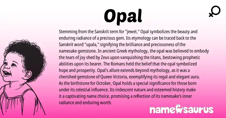 Infographic about Opal name meaning, Opal is a name from Sanskrit, Greek origin(s).