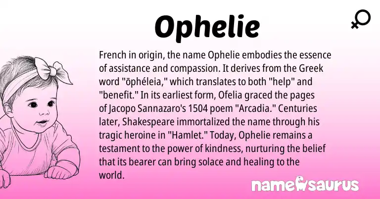 Infographic about Ophelie name meaning, Ophelie is a name from French, Greek origin(s).