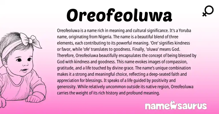 Infographic about Oreofeoluwa name meaning, Oreofeoluwa is a name from Yoruba, Nigerian origin(s).