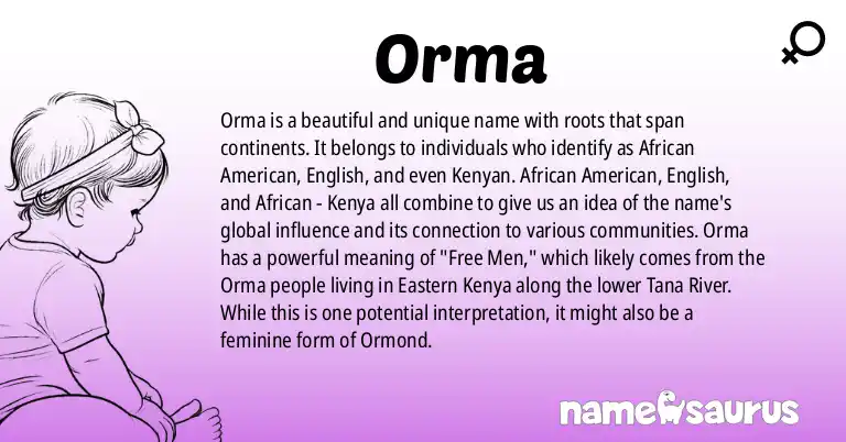 Infographic about Orma name meaning, Orma is a name from African American, English, African - Kenya origin(s).