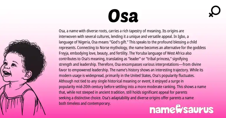 Infographic about Osa name meaning, Osa is a name from African, Yoruba, Western, Norse, Igbo origin(s).