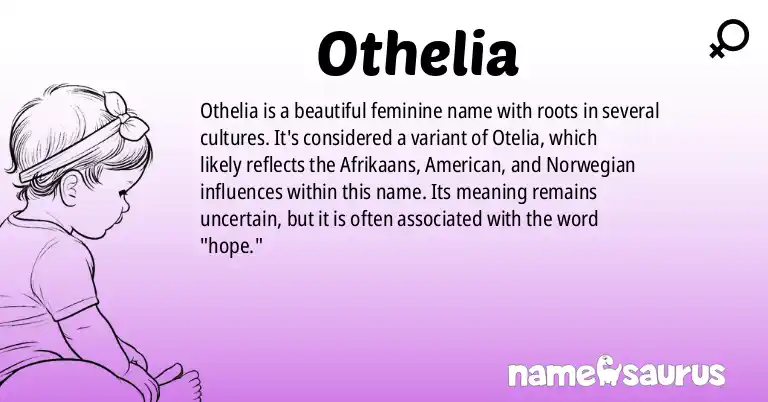 Infographic about Othelia name meaning, Othelia is a name from Afrikaans, American, Norwegian, Swedish origin(s).