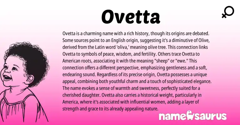 Infographic about Ovetta name meaning, Ovetta is a name from Latin, English, Spanish origin(s).