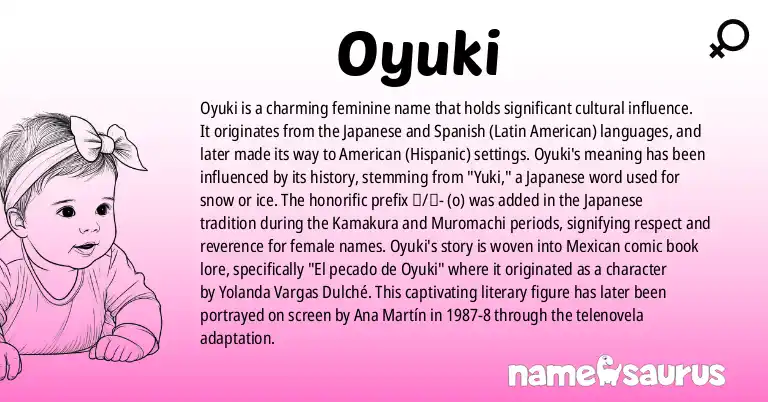 Infographic about Oyuki name meaning, Oyuki is a name from Japanese, Spanish (Latin American), American (Hispanic) origin(s).