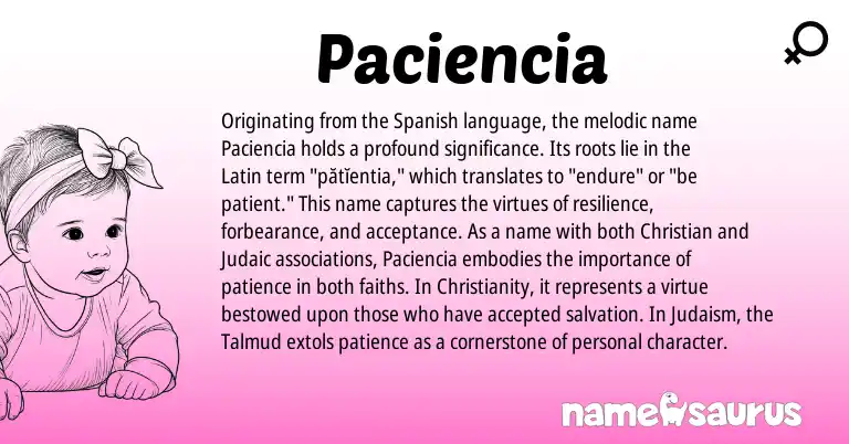 Infographic about Paciencia name meaning, Paciencia is a name from Judaism, Spanish, Christianity, Latin origin(s).