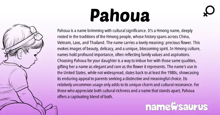 Infographic about Pahoua name meaning, Pahoua is a name from Hmong origin(s).