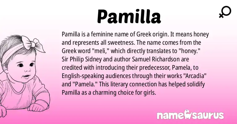 Infographic about Pamilla name meaning, Pamilla is a name from Greek origin(s).