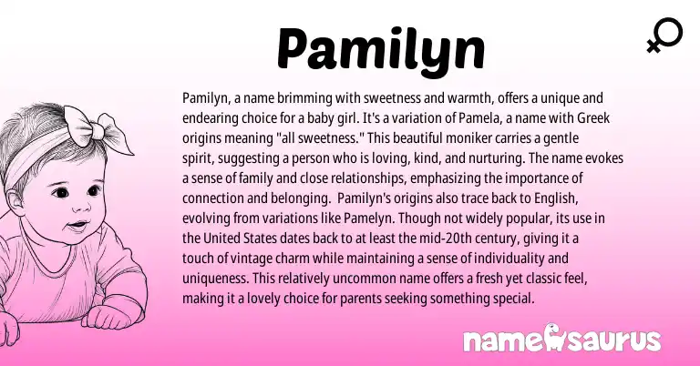 Infographic about Pamilyn name meaning, Pamilyn is a name from English, Greek origin(s).