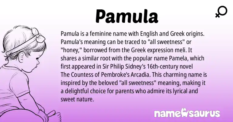 Infographic about Pamula name meaning, Pamula is a name from English, Greek origin(s).