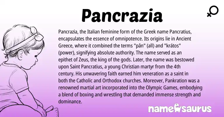 Infographic about Pancrazia name meaning, Pancrazia is a name from Greece, Greek, Italian origin(s).