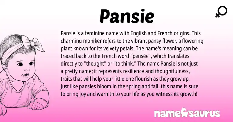 Infographic about Pansie name meaning, Pansie is a name from English, British, French origin(s).