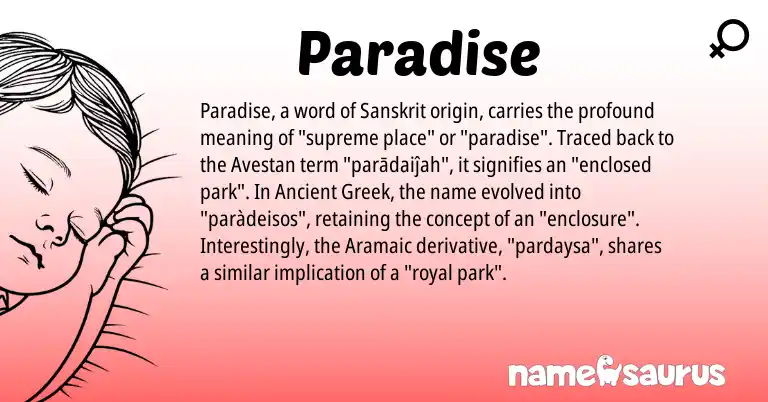 Infographic about Paradise name meaning, Paradise is a name from Aramaic, Sanskrit, Avestan, Ancient Greek origin(s).