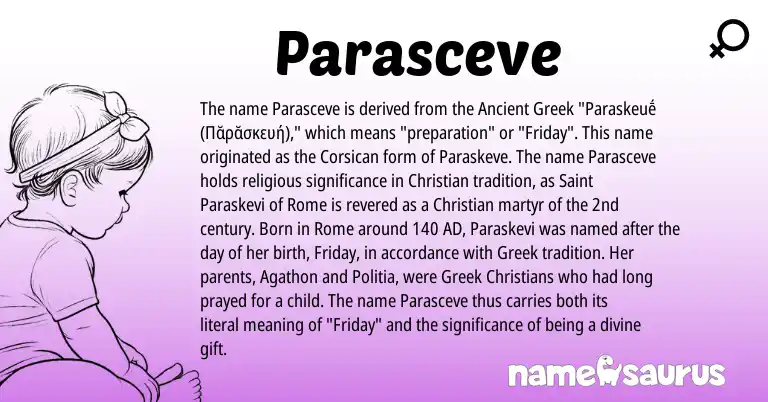 Infographic about Parasceve name meaning, Parasceve is a name from Ancient Greek, Greek, Corsican origin(s).