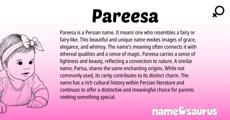 Infographic about Pareesa name meaning, Pareesa is a name from Arabic, Persian origin(s).