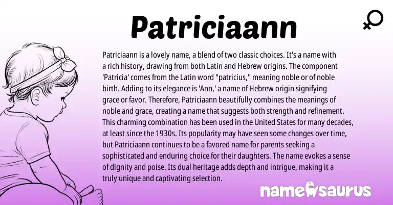 Infographic about Patriciaann name meaning, Patriciaann is a name from Latin, Hebrew origin(s).