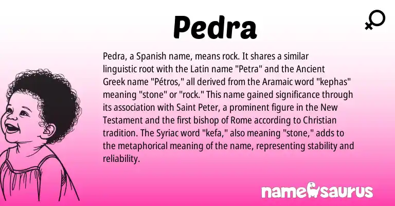 Infographic about Pedra name meaning, Pedra is a name from Aramaic, Spanish, Ancient Greek, Latin origin(s).
