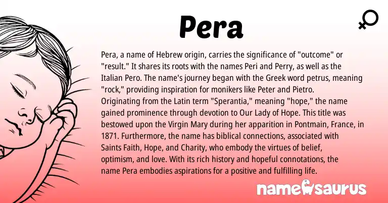 Infographic about Pera name meaning, Pera is a name from Greek, Latin, Hebrew, Italian origin(s).