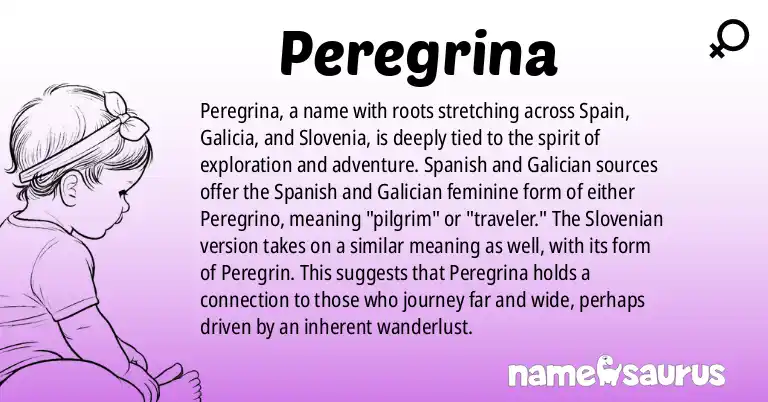 Infographic about Peregrina name meaning, Peregrina is a name from Spanish, Galician, Slovene, Hungarian origin(s).