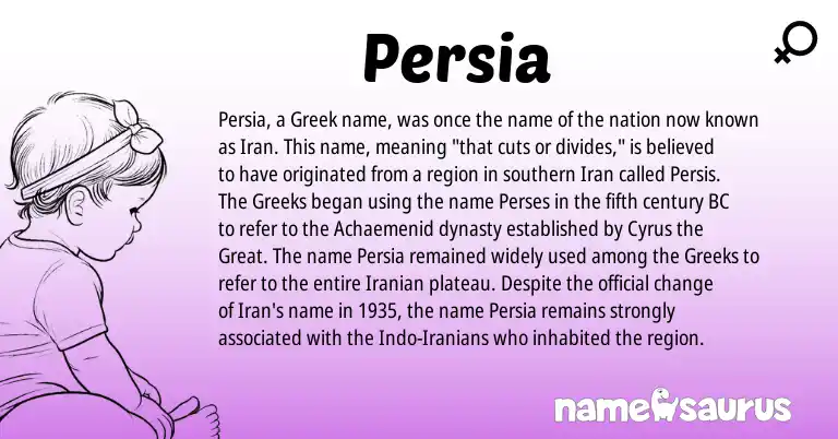 Infographic about Persia name meaning, Persia is a name from Iranian, Iran, Greek origin(s).