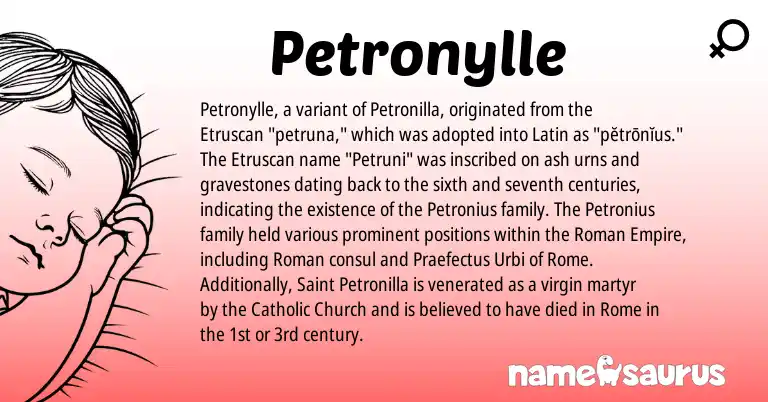 Infographic about Petronylle name meaning, Petronylle is a name from Etruscan, Roman, Latin origin(s).