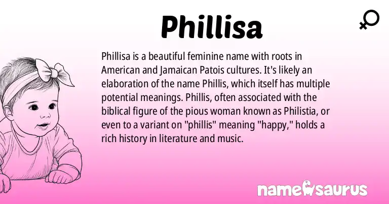 Infographic about Phillisa name meaning, Phillisa is a name from American, Jamaican Patois origin(s).
