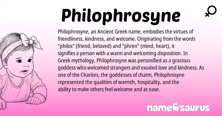 Infographic about Philophrosyne name meaning, Philophrosyne is a name from Ancient Greek, Greek origin(s).