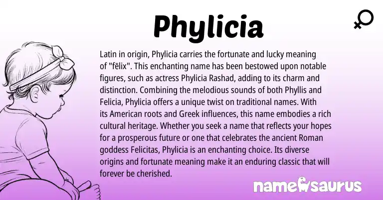 Infographic about Phylicia name meaning, Phylicia is a name from Roman, Latin, American, Greek origin(s).
