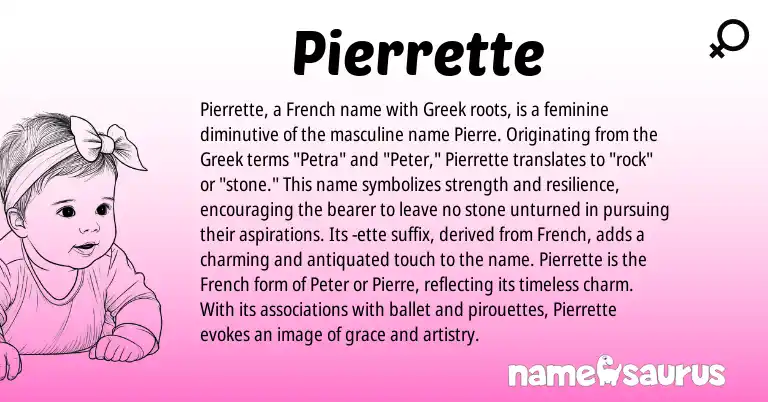 Infographic about Pierrette name meaning, Pierrette is a name from French, Greek origin(s).