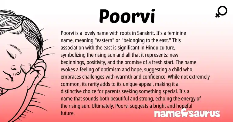 Infographic about Poorvi name meaning, Poorvi is a name from Indian, Hindu, Sanskrit origin(s).