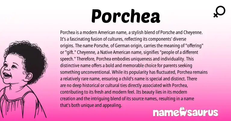 Infographic about Porchea name meaning, Porchea is a name from American, Germanic, Cheyenne origin(s).