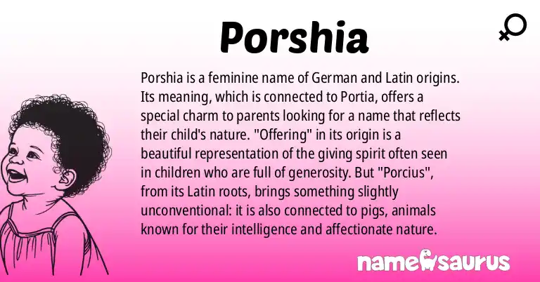 Infographic about Porshia name meaning, Porshia is a name from German, Latin origin(s).
